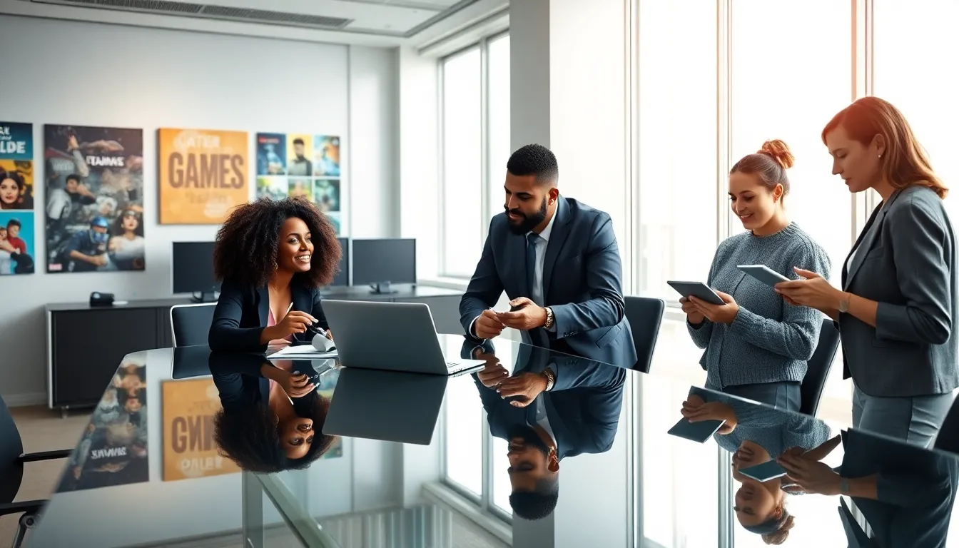 diverse team collaborating in a modern office for gaming innovation.