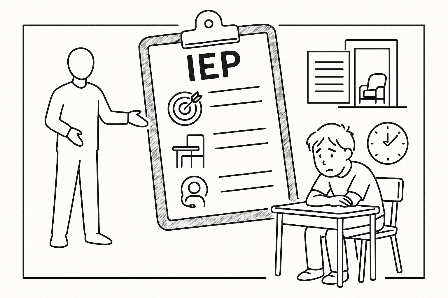 Student at desk with IEP clipboard, teacher, quiet room, and split test pages. - What Is An IEP For Anxiety A Practical Guide For Parents And Educators 2026