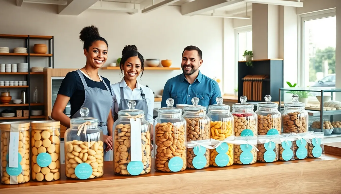 diverse team discussing cookies in a modern bakery.