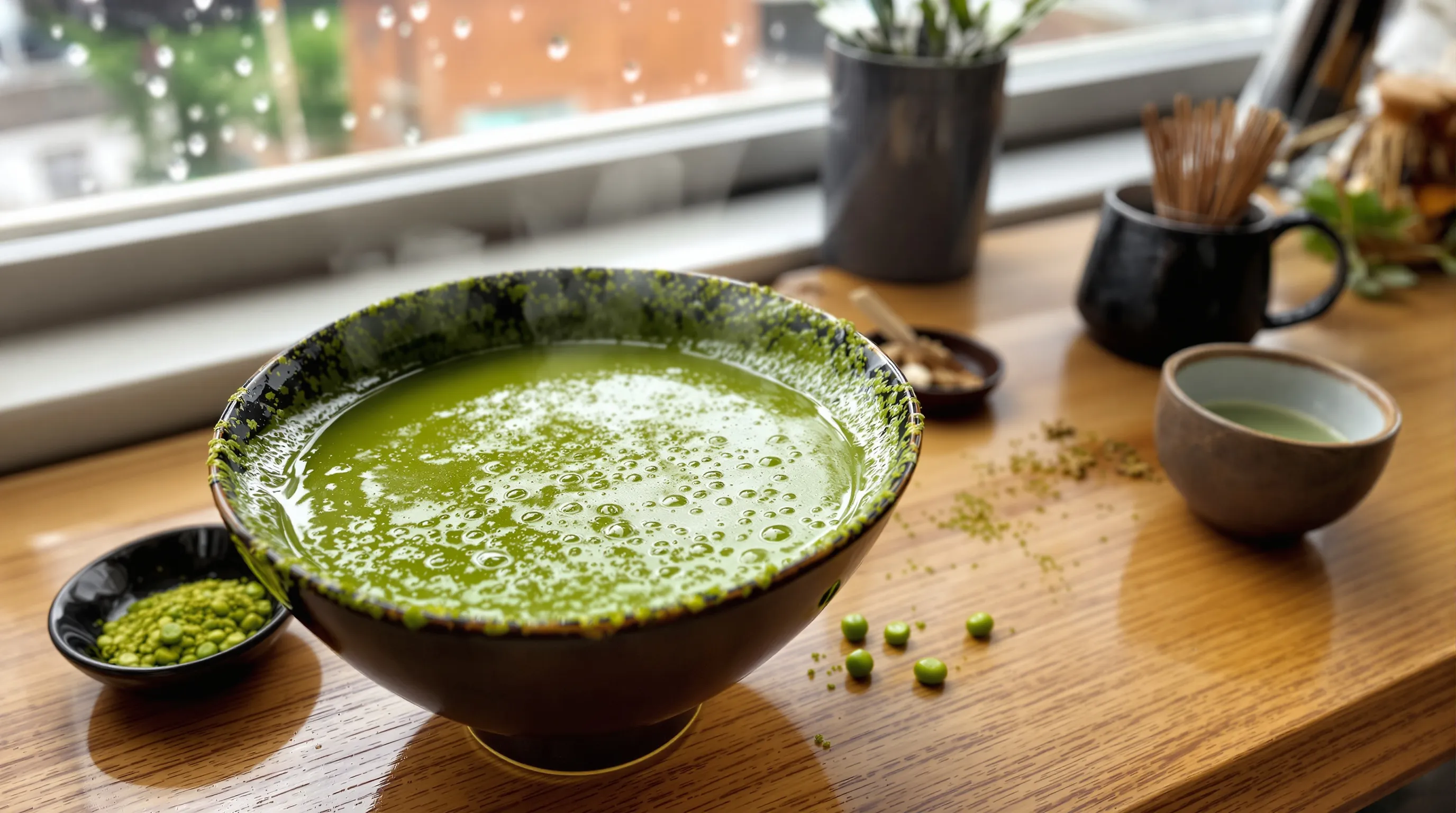 Steaming bowl of whisked matcha with microfoam, nori, peas, and kombu nearby.