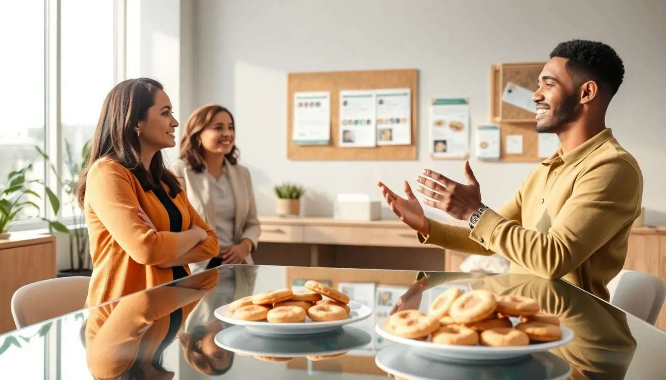 diverse team discussing cookies in a modern office setting.