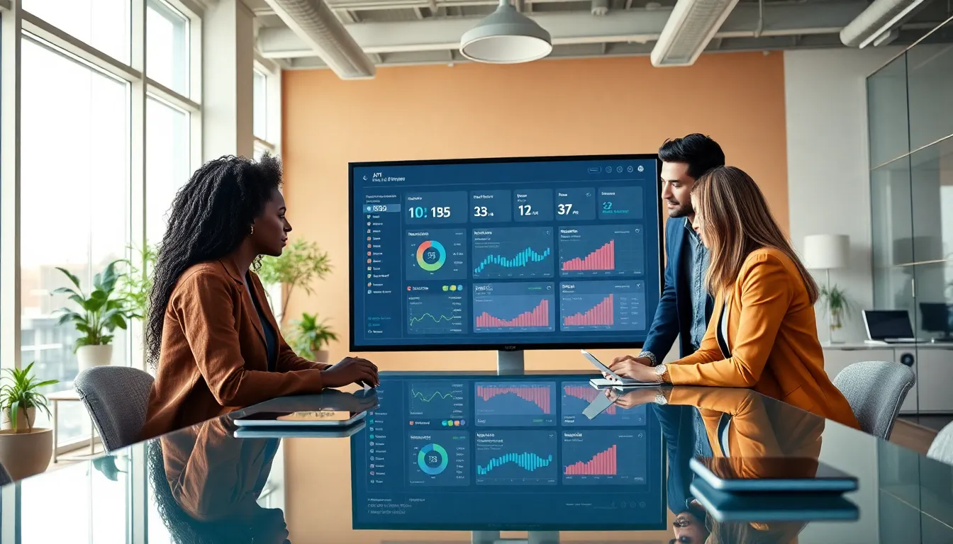 diverse team analyzing an API gateway dashboard in a modern office.
