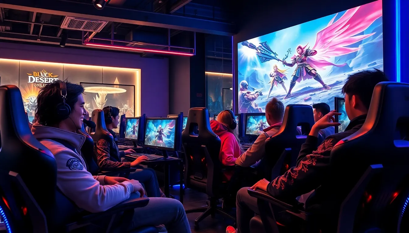diverse gamers enjoying a multiplayer session in a modern gaming lounge.