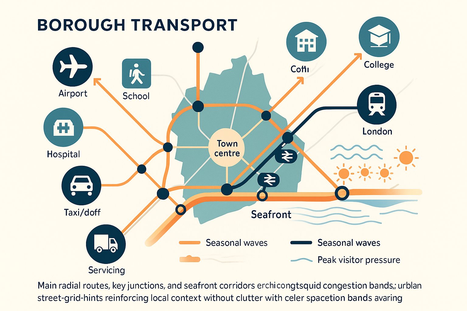 Infographic map showing Southend trip generators, rail links, and pressure points.