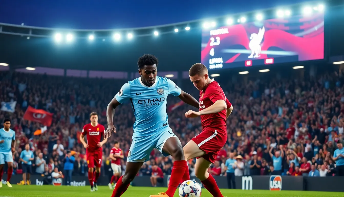Manchester City and Liverpool players competing in a thrilling football match.