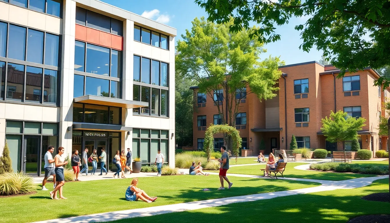students socializing near campus housing and off-campus apartments.