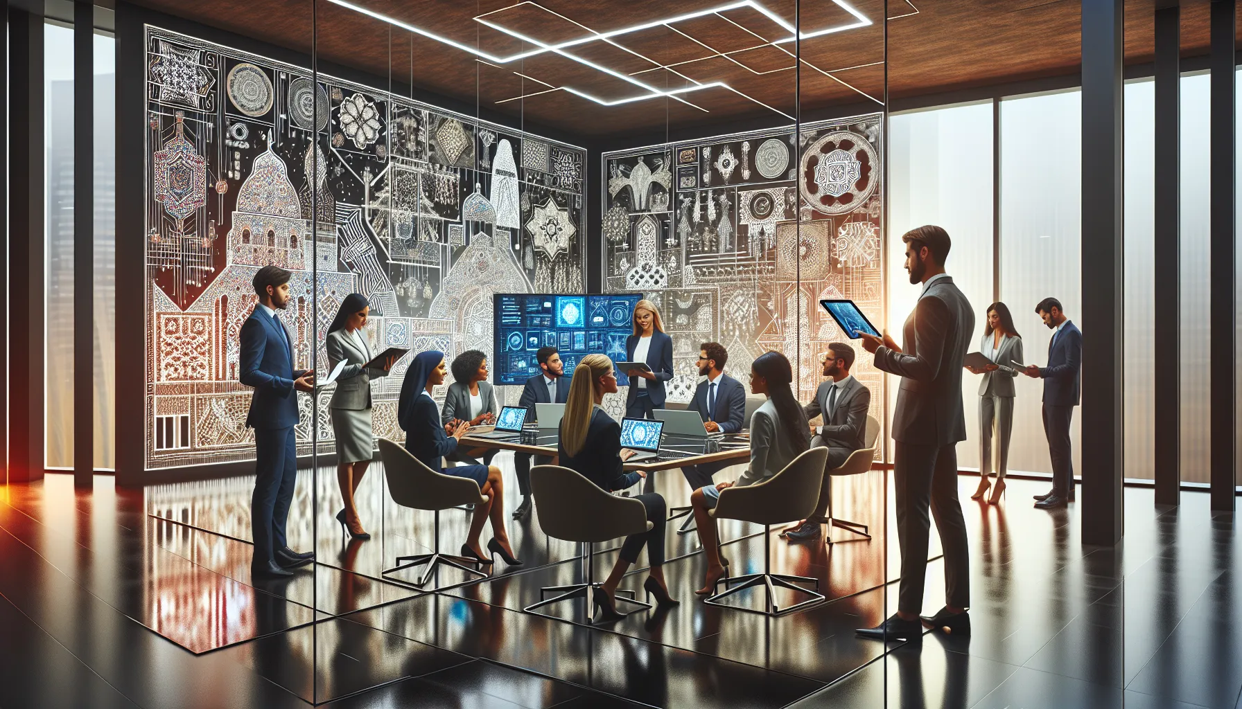 diverse team collaborating in a modern office, showcasing Hausa culture and technology.