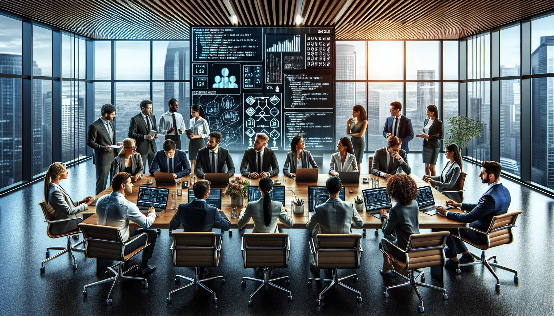 professionals collaborating in a modern office with technology and data visuals.