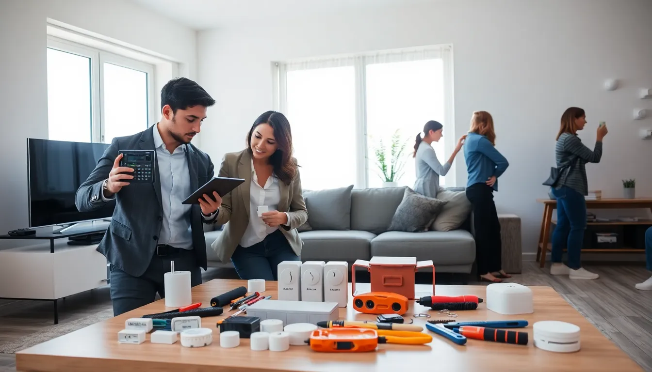 team installing a wired home alarm system in a modern living room.