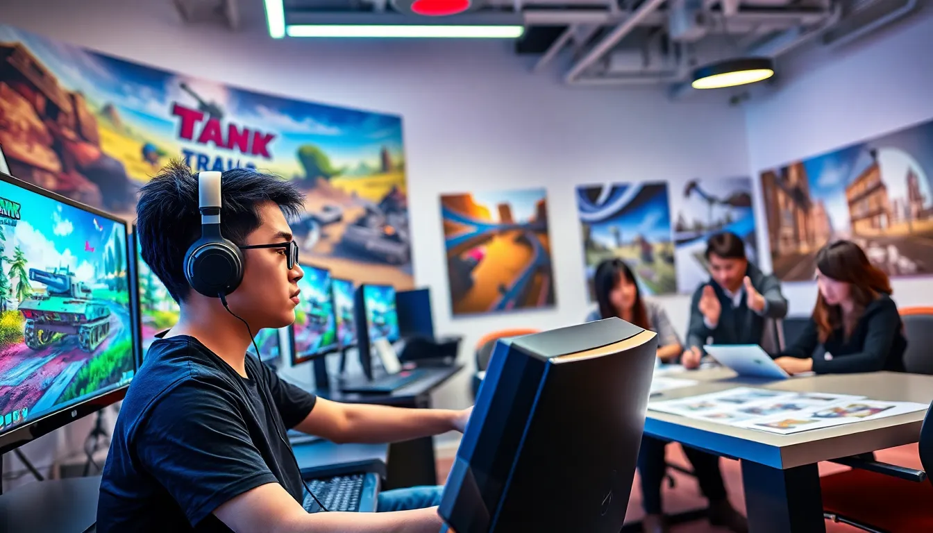 developers working in a vibrant gaming studio, focused on game design.
