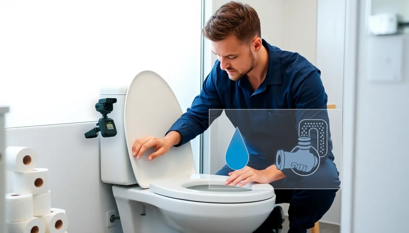 Plumber inspecting a modern toilet in a bright Australian bathroom.