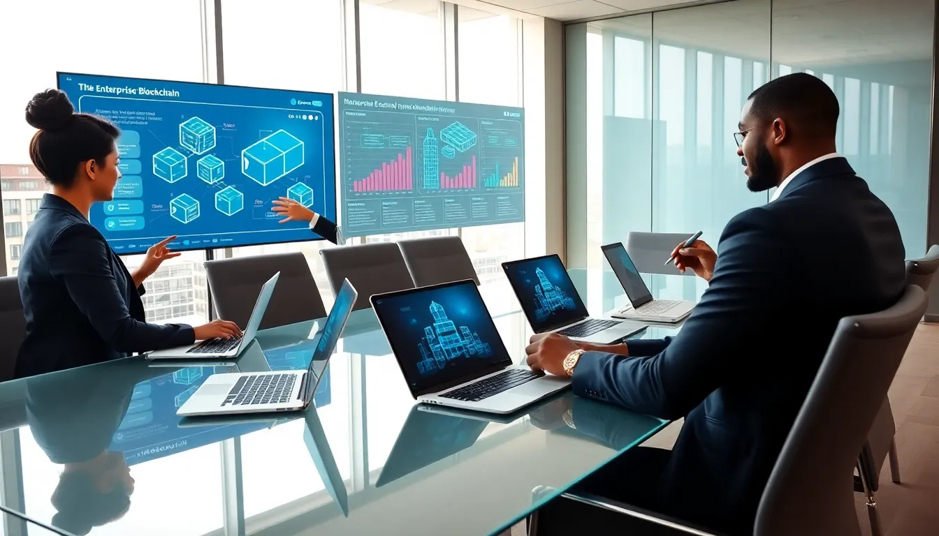 professionals discussing enterprise blockchain technology in a modern office.