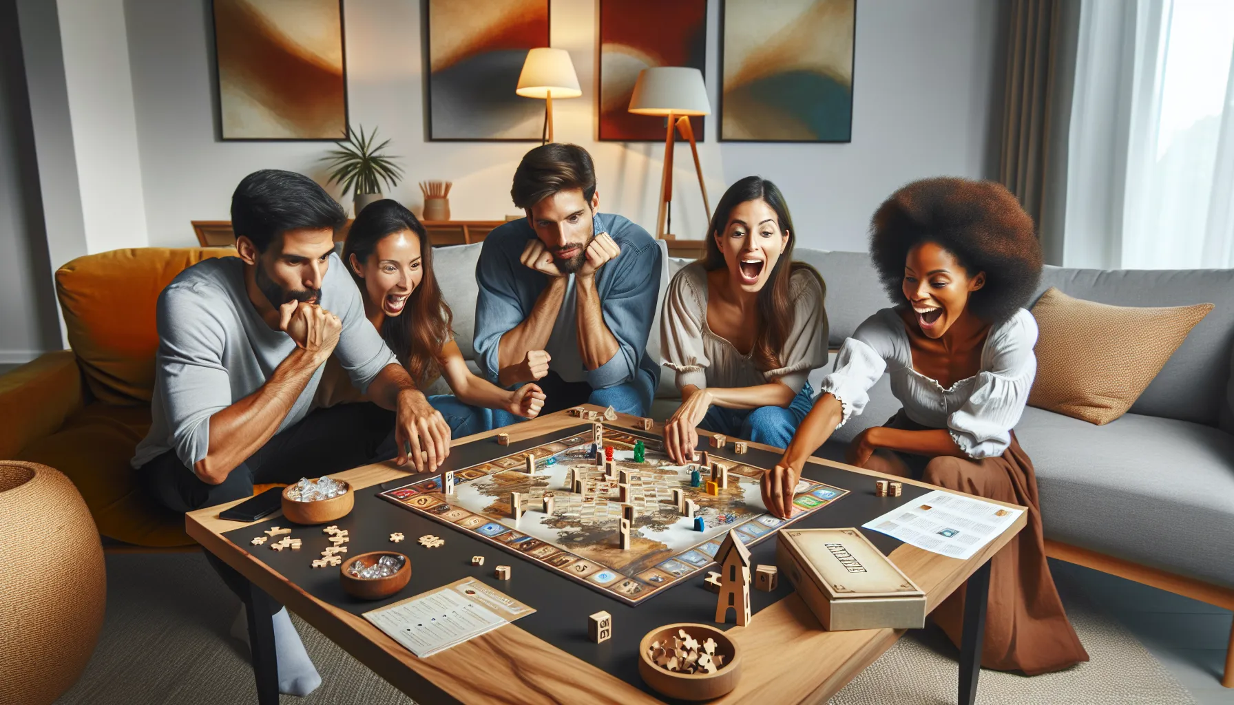 friends playing Sàtamatka board game in a cozy living room.