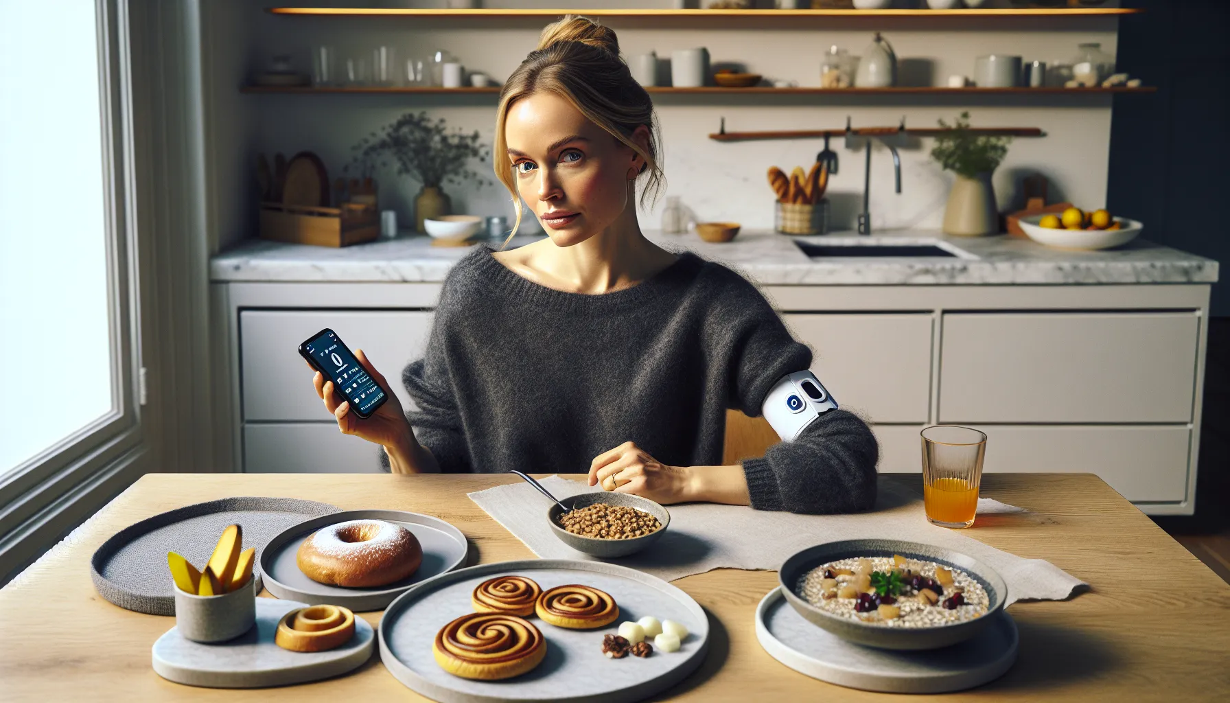 Lavkarbo og blodsukker: slik påvirker karbohydrater kroppen din 2 Norwegian woman with cgm compares high- and low-gi foods and glucose graph.