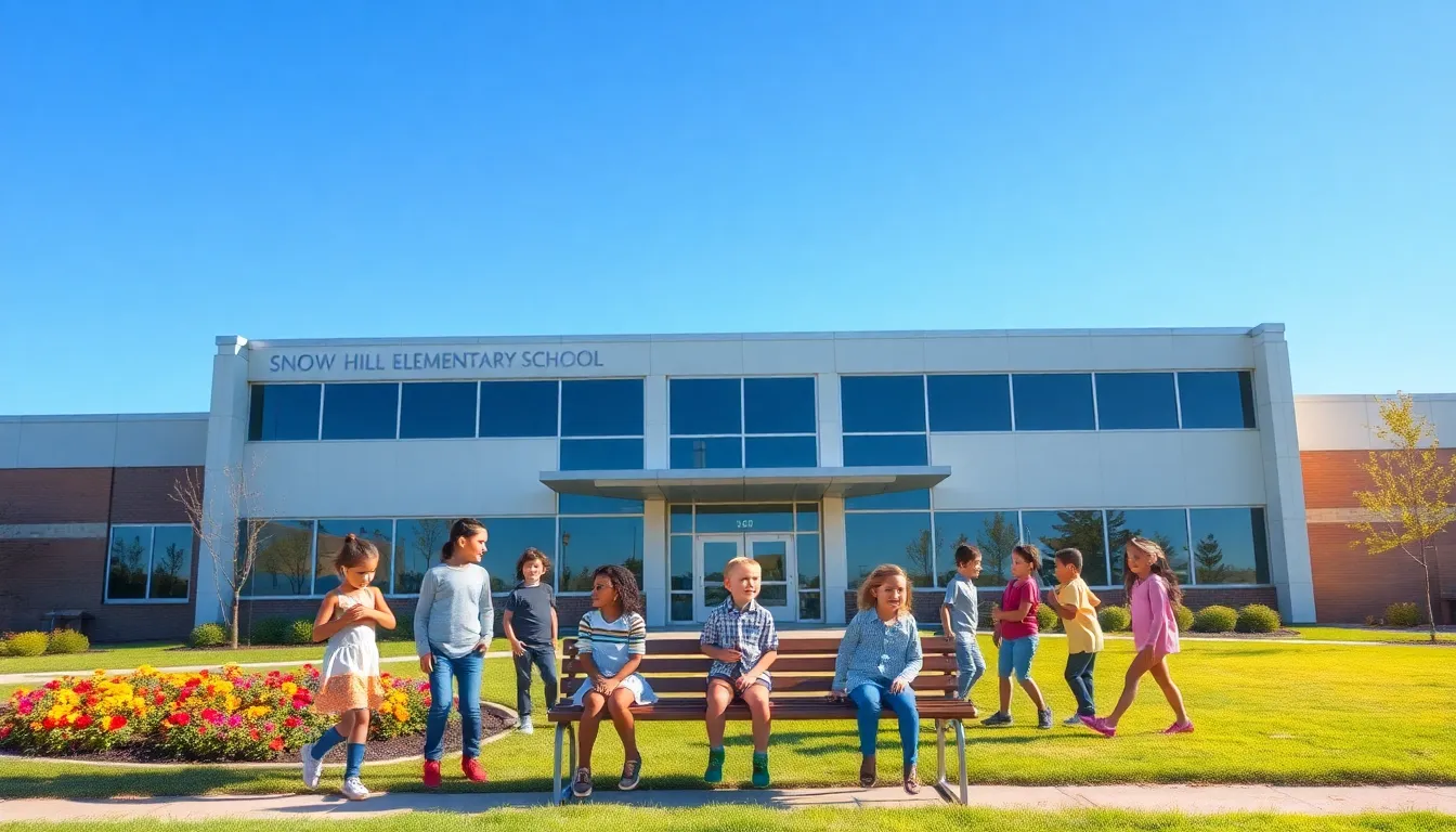 Snow Hill Elementary School with children playing outside in a vibrant setting.