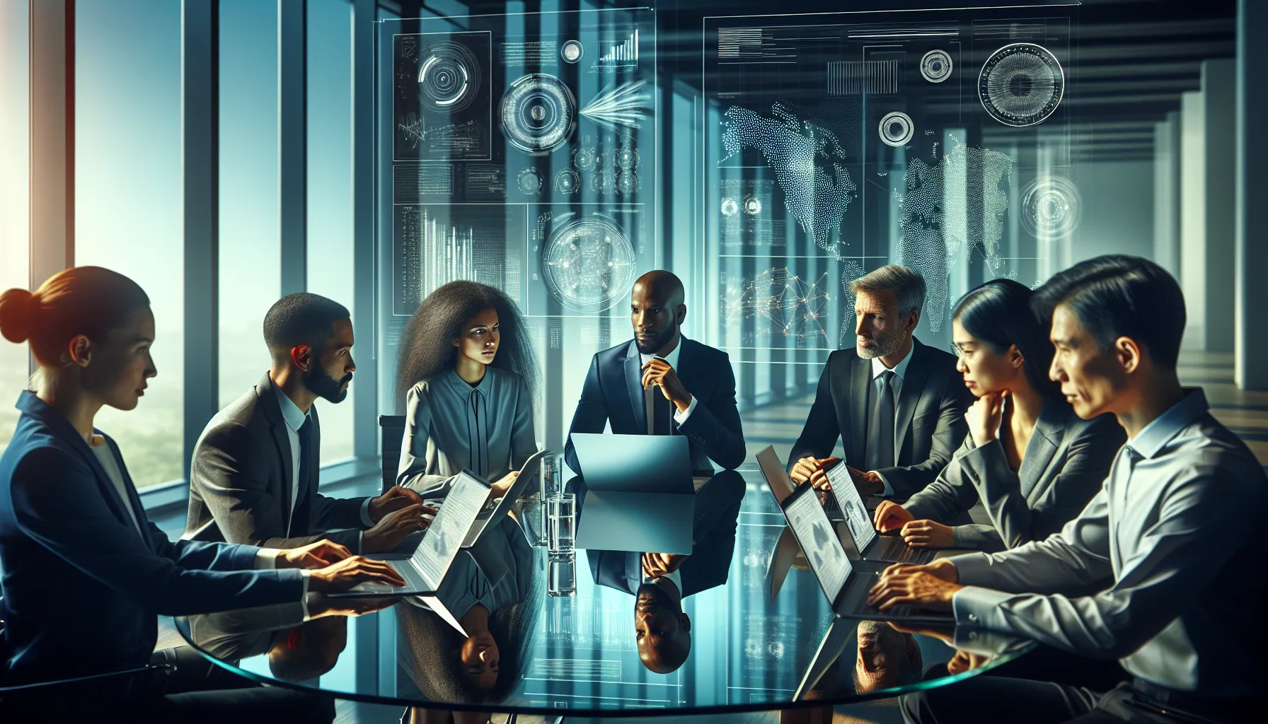 diverse professionals discussing telecommunication trends in a modern office.