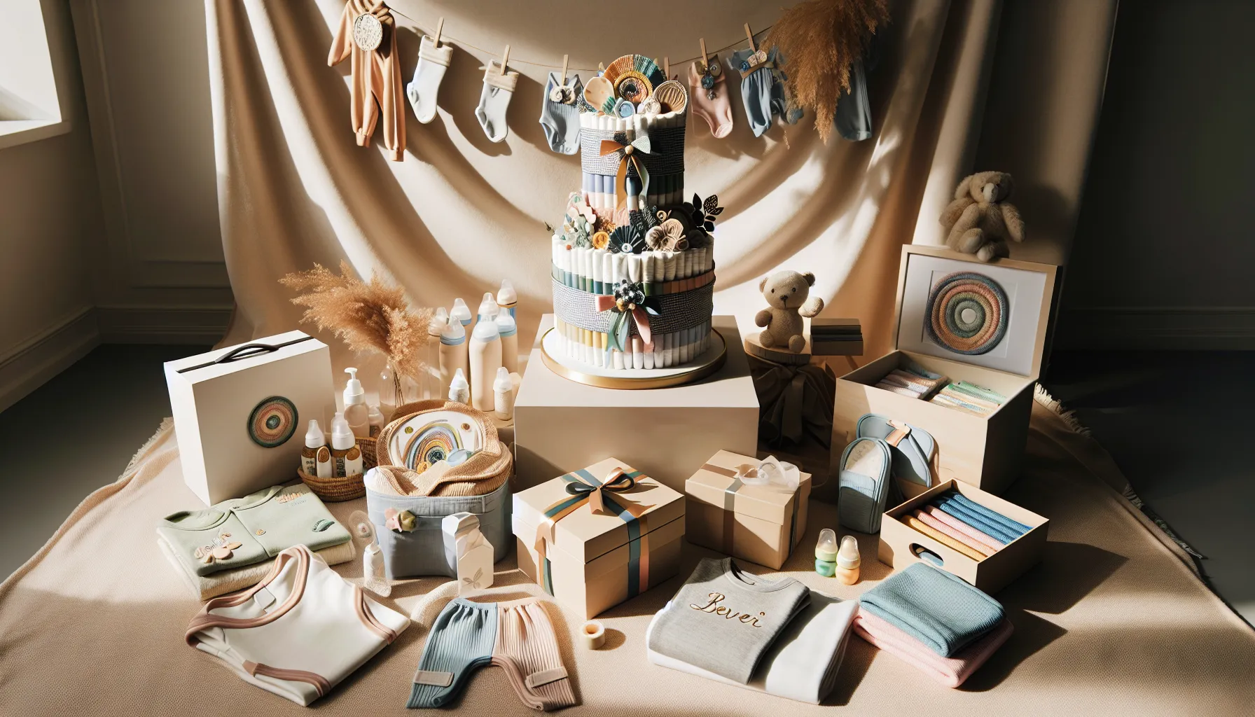 variety of stylish baby shower gifts arranged on a soft blanket.