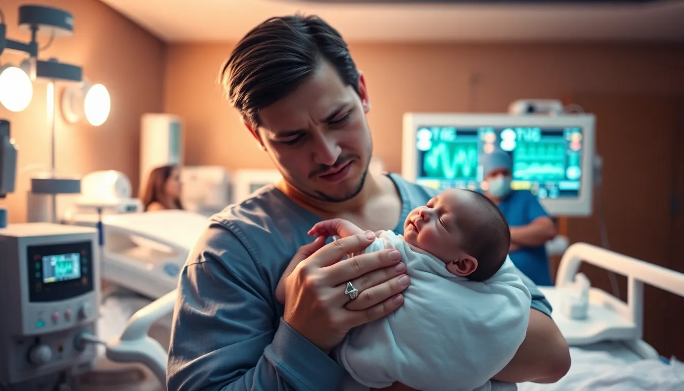 parent holding a premature baby in a NICU setting.