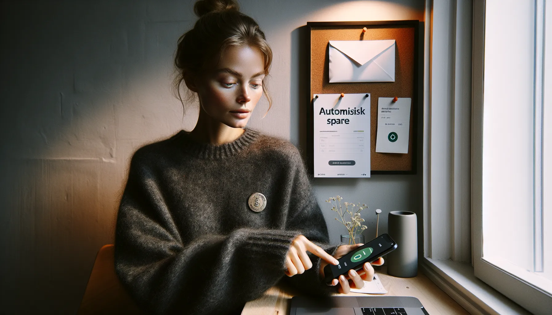 Slik kan du endre tankesettet ditt for å spare mer penger 2 Norwegian woman enabling automatic savings on a phone at home.