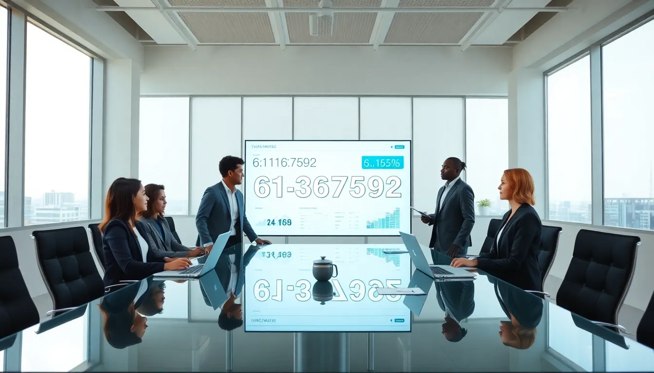 diverse team discussing data in a modern office.