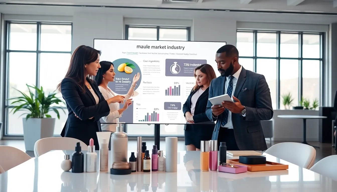 diverse professionals discussing beauty market trends in a modern office.