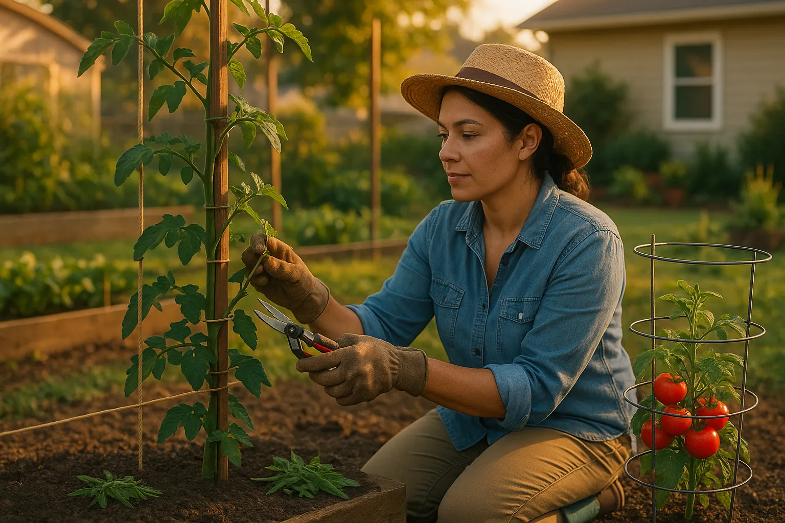 Gardener pruning a trellised indeterminate tomato next to a caged determinate plant.