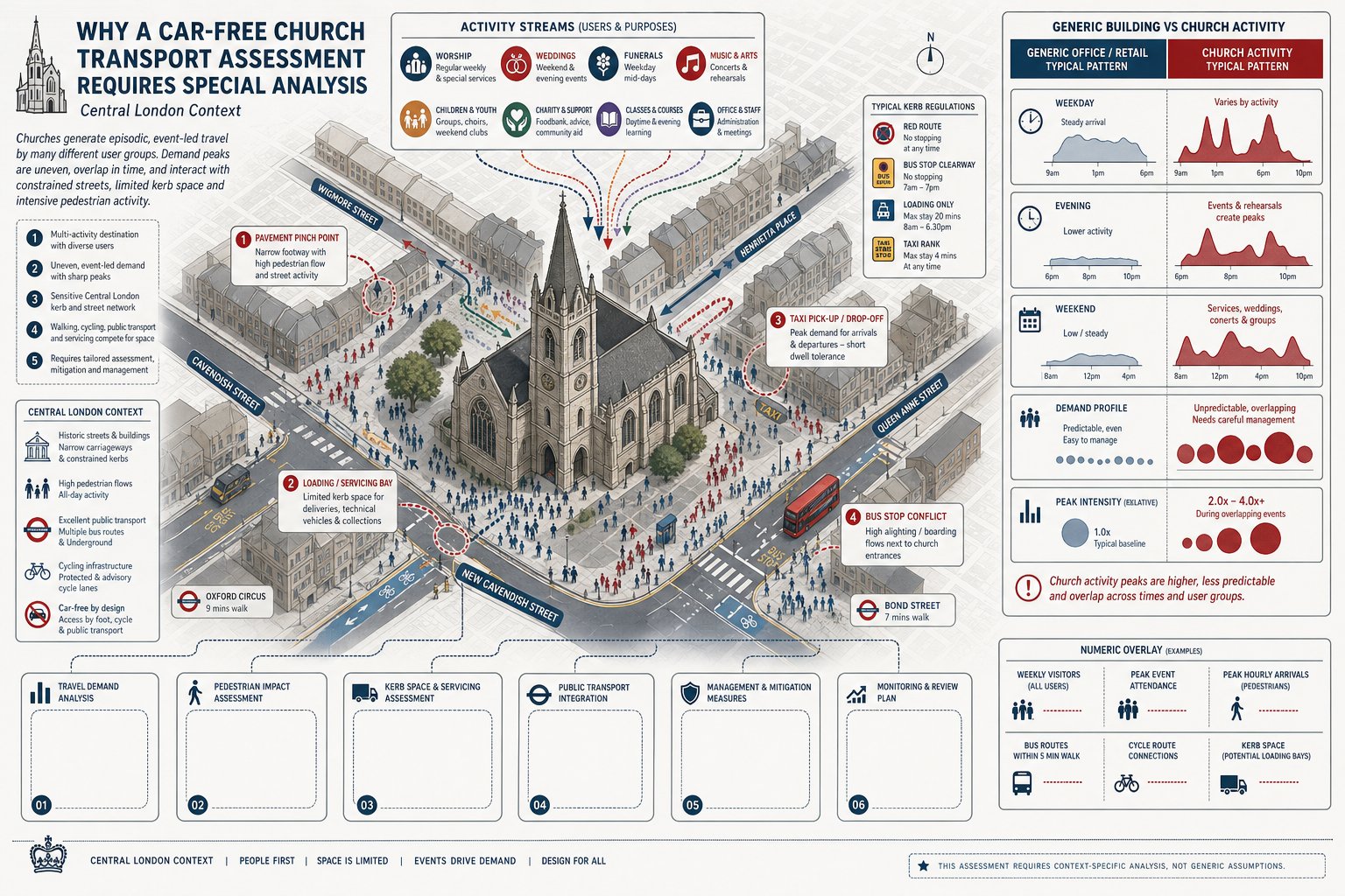 Infographic of a Central London church with event-based transport and street constraints.