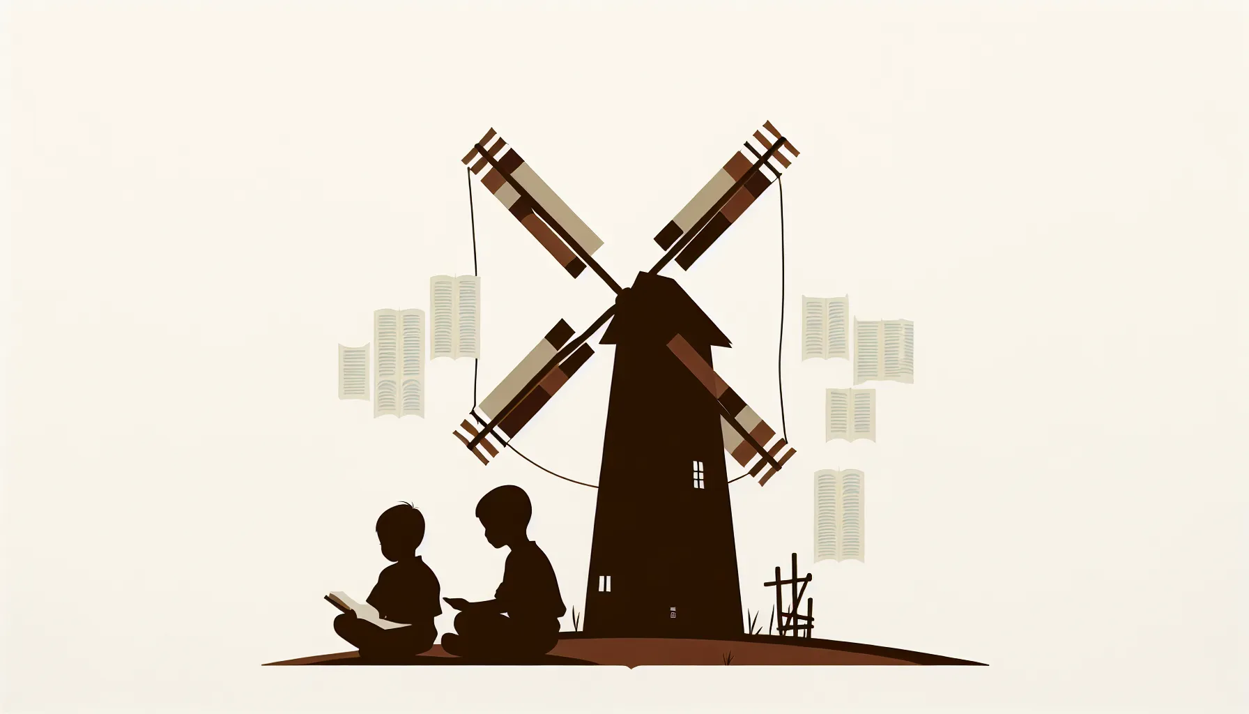 Two children sitting near a windmill in minimalist illustration style