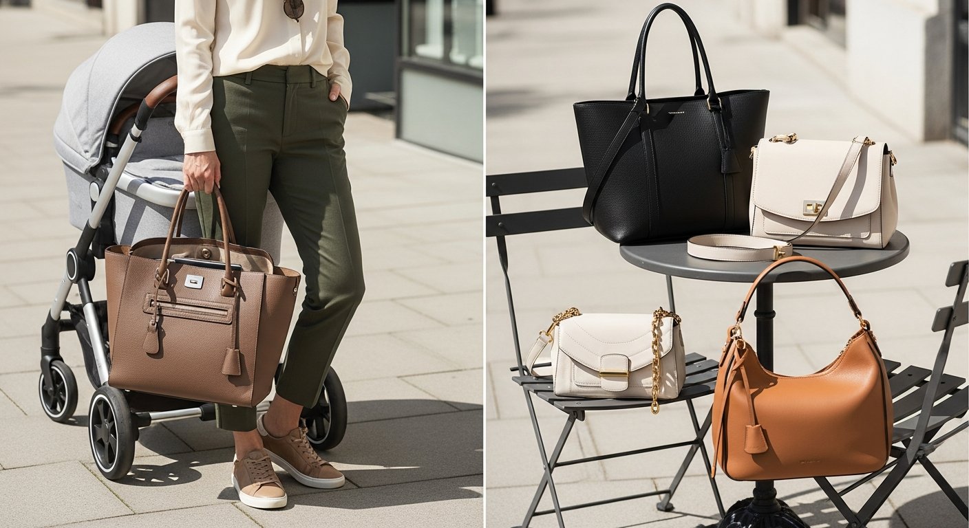 Stylish mom with a practical designer tote near stroller and café.