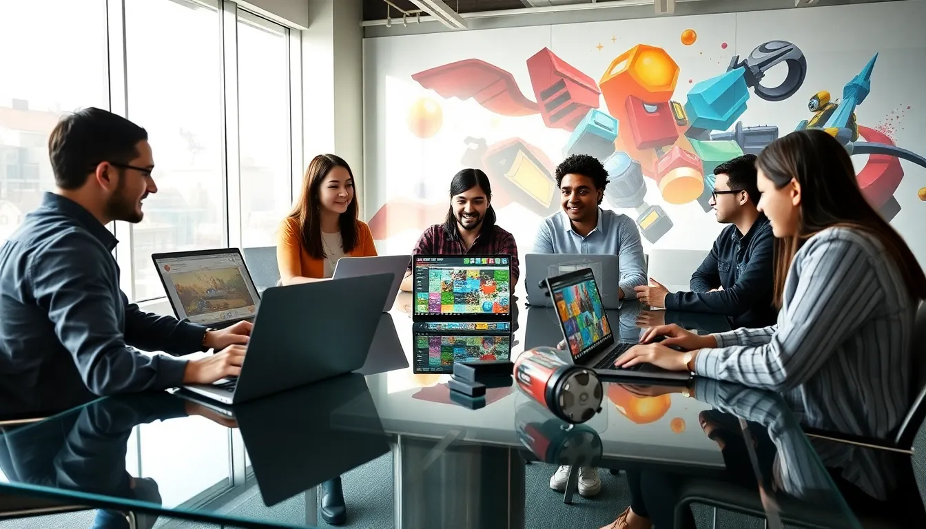 diverse team collaborating on video game design in a modern office.