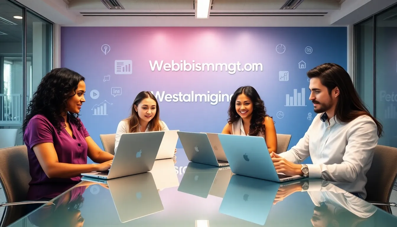 diverse team collaborating in a modern office, focusing on digital marketing tools.