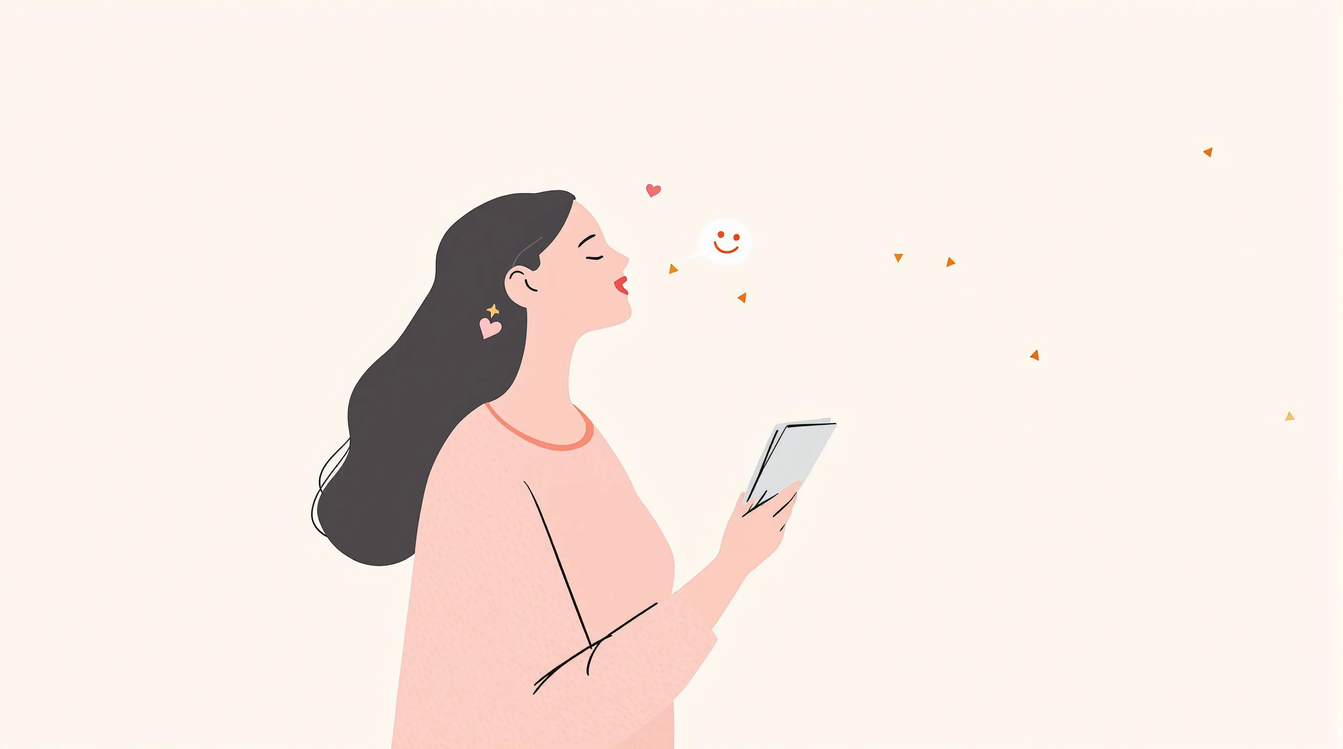 Minimalist silhouette of a laughing mother holding a birthday card on soft pastel background.