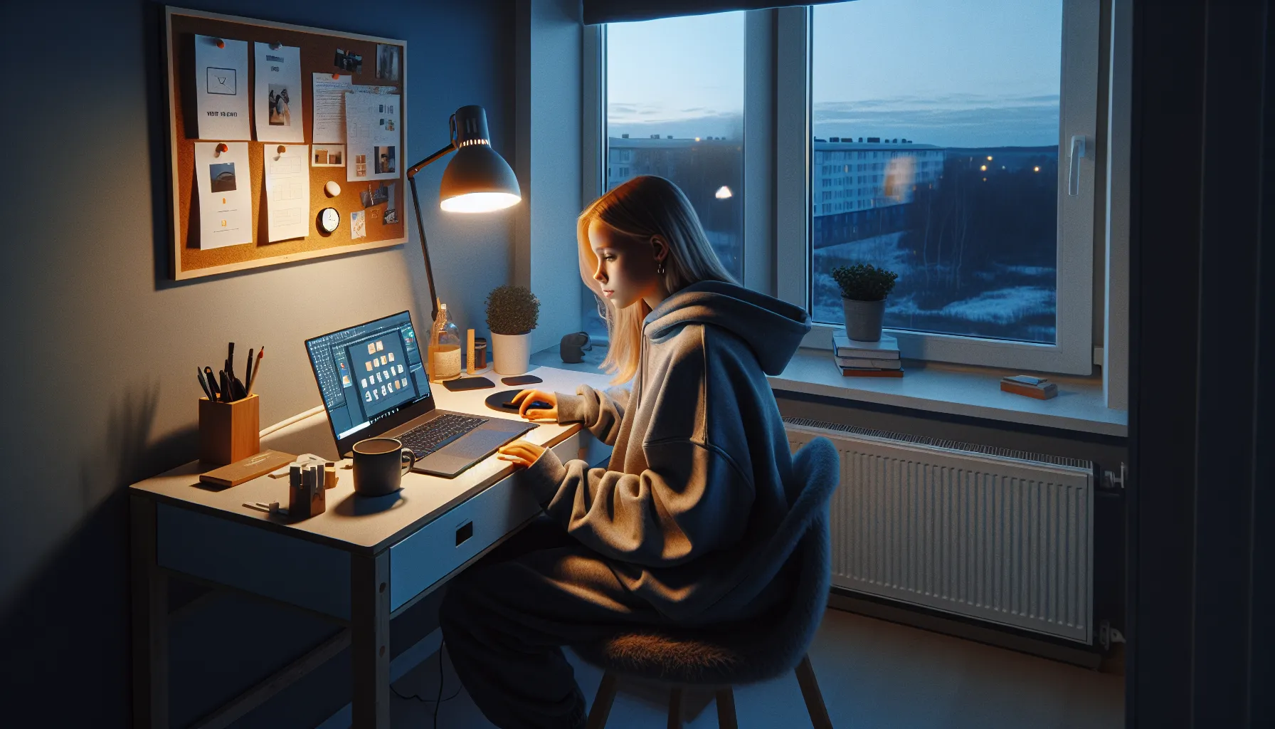 Young norwegian student learning digital design on a laptop using budget-friendly apps.