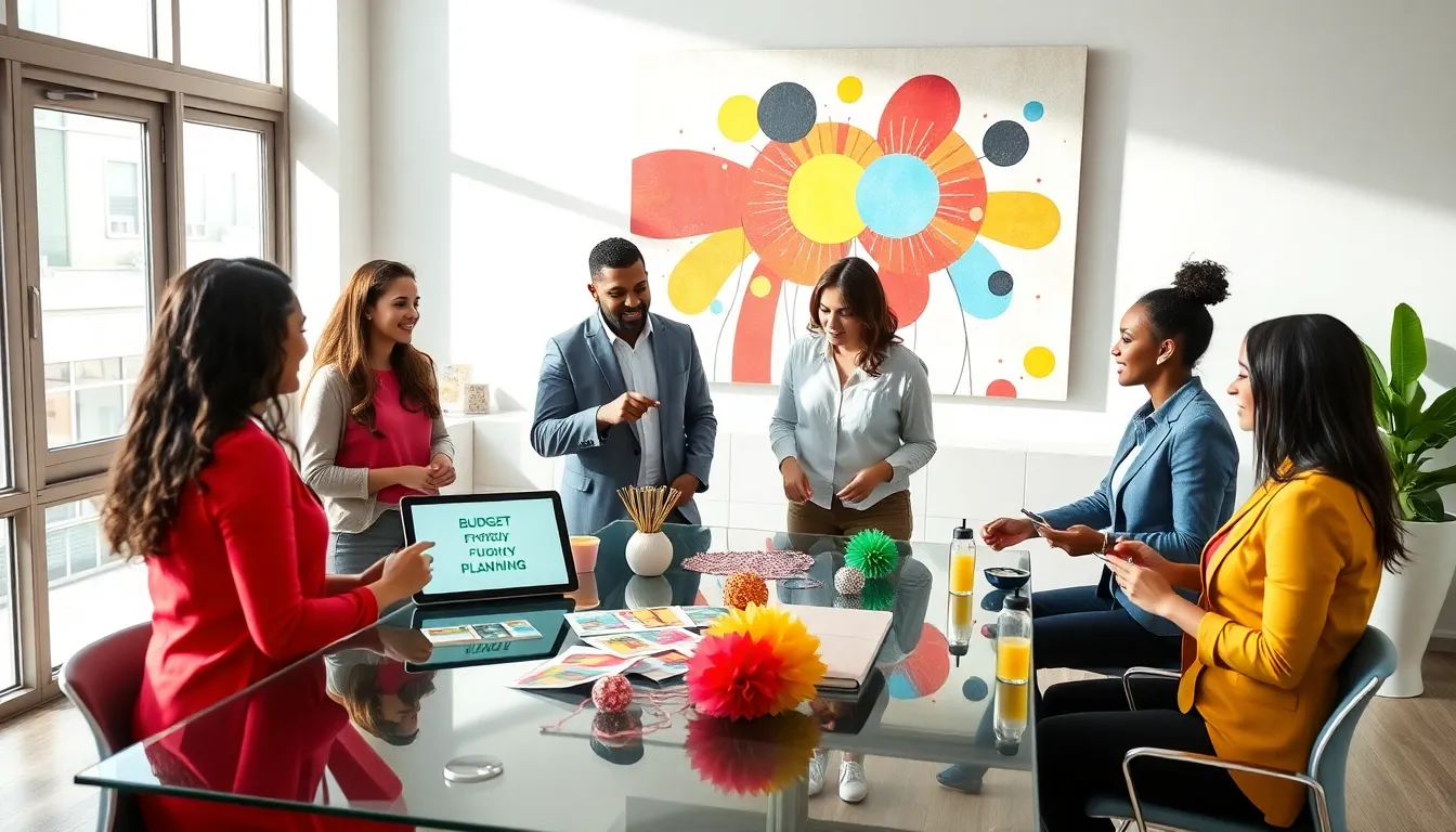 diverse team discussing budget-friendly event planning in a modern office.