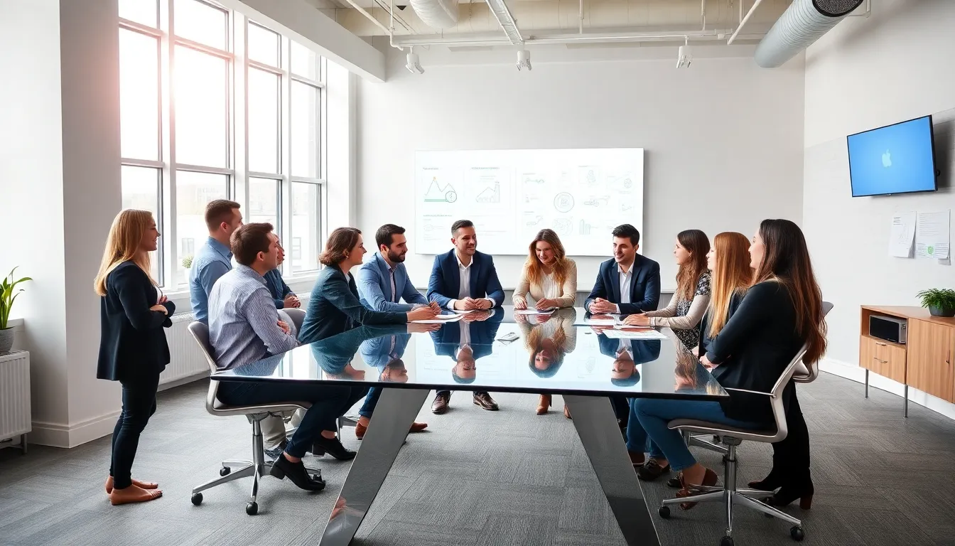 diverse team collaborating in a modern office at Apex Fintech Solutions.