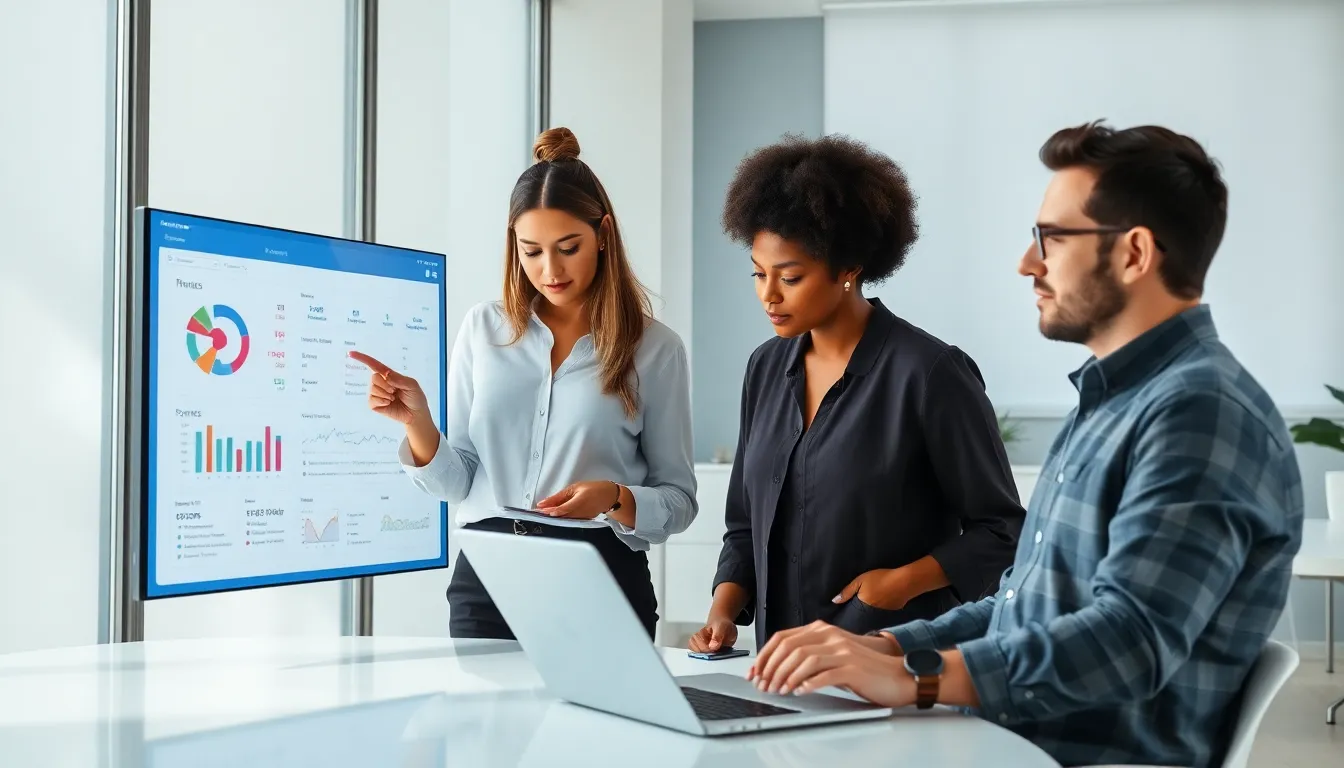diverse team collaborating around the Jennyomay platform in a modern workspace.