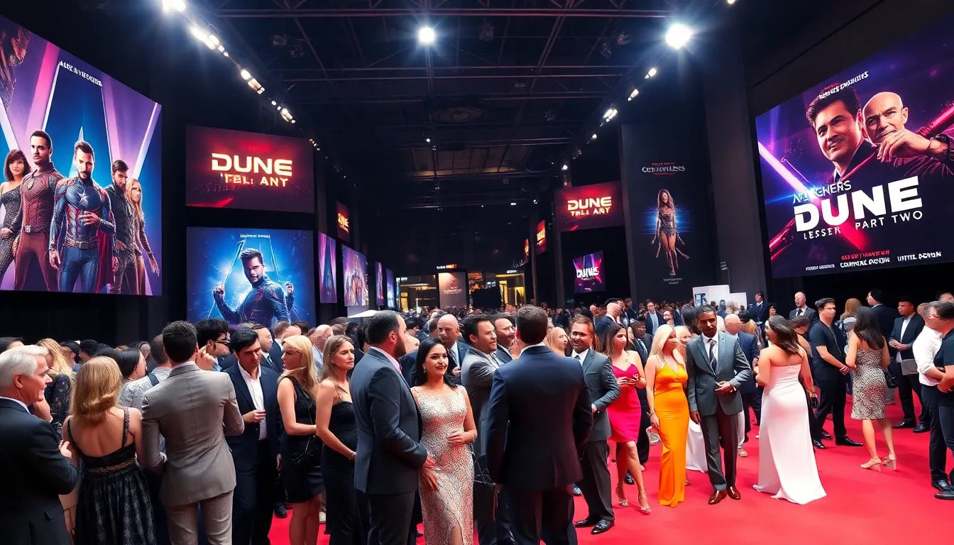 film festival with red carpet and movie posters.