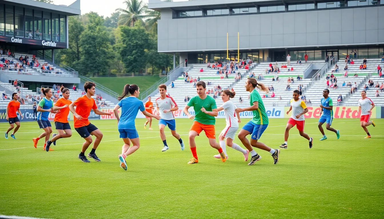 diverse team playing Σπορτδο on an outdoor sports field.