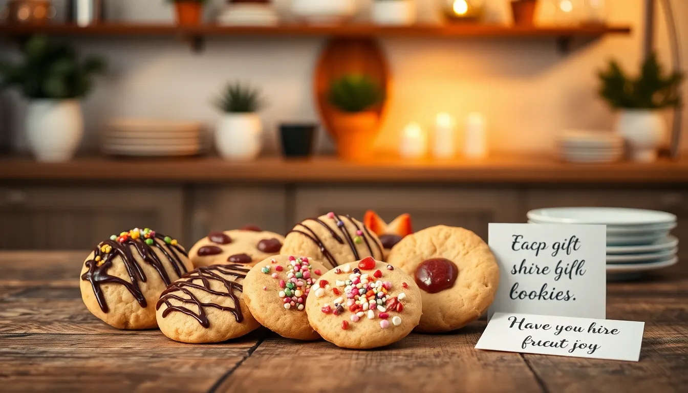 assortment of artisanal cookies on a rustic wooden table.