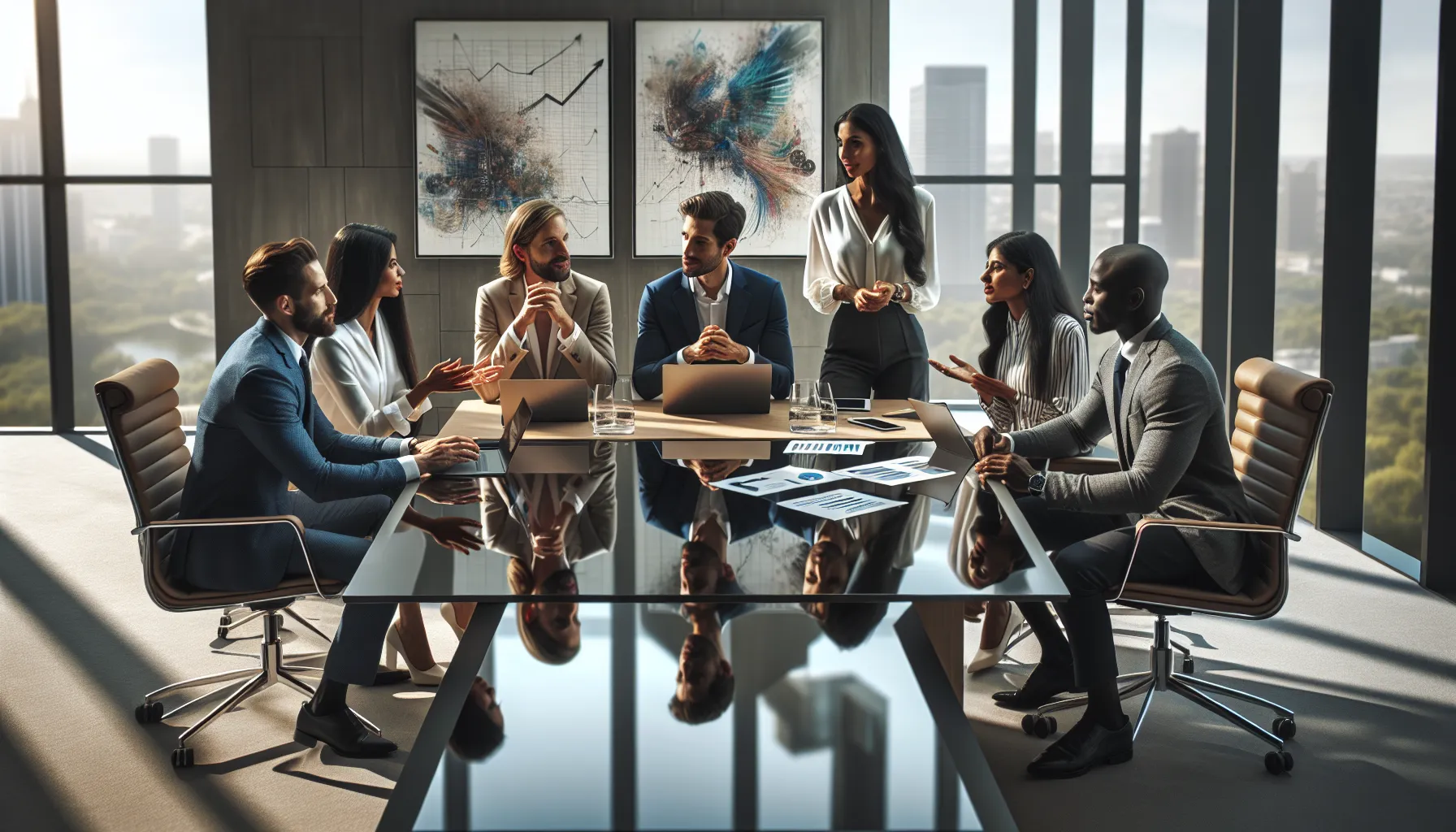 diverse professionals discussing cultural topics in a modern office.