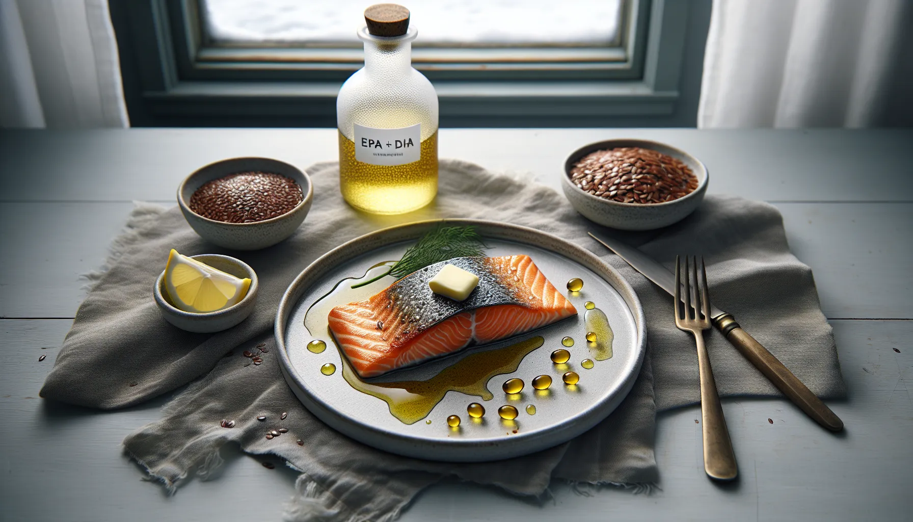Norwegian salmon and omega-3 capsules in a fjord-view kitchen scene.