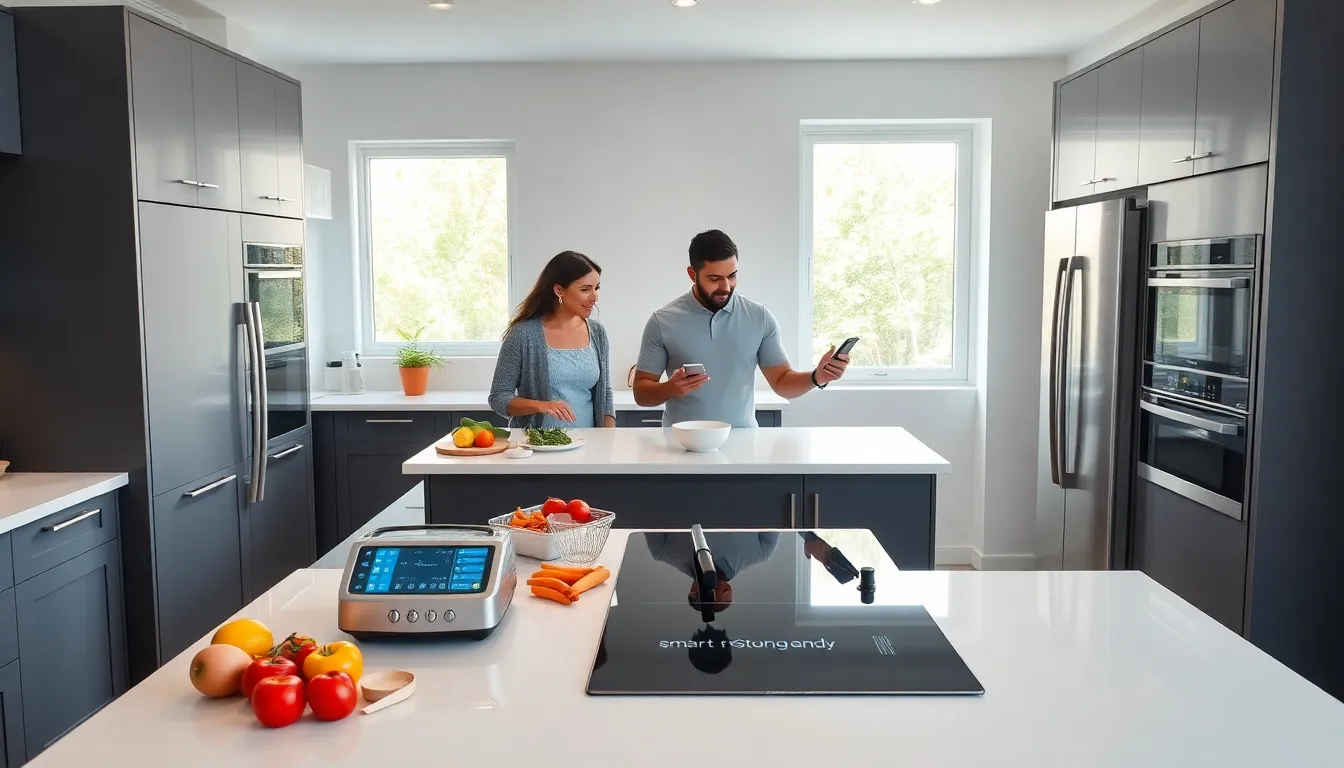 family cooking in a modern kitchen with new gadgets.