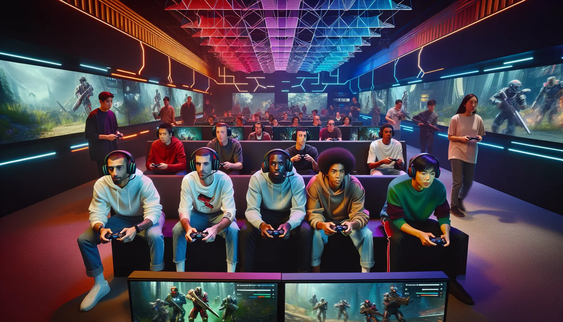diverse gamers collaborating in a vibrant multiplayer gaming session.