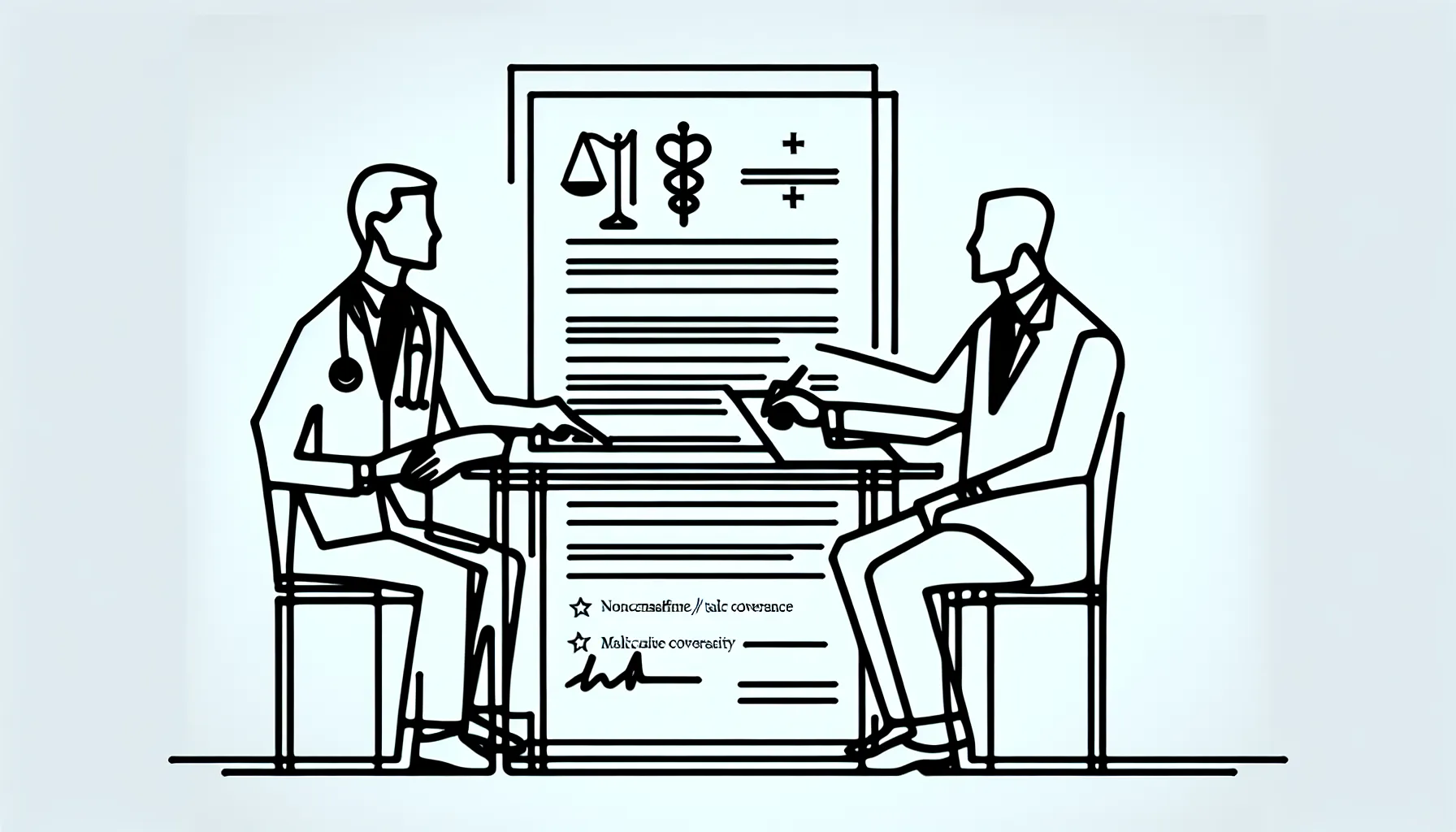 Attorney advising a physician over a contract with justice scale and US map of Physician Contract Attorney