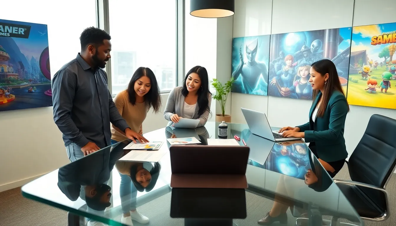 diverse team brainstorming in a modern office setting for a gaming company.