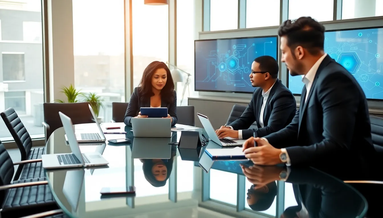 diverse entrepreneurs discussing digital marketing strategies in a modern office.