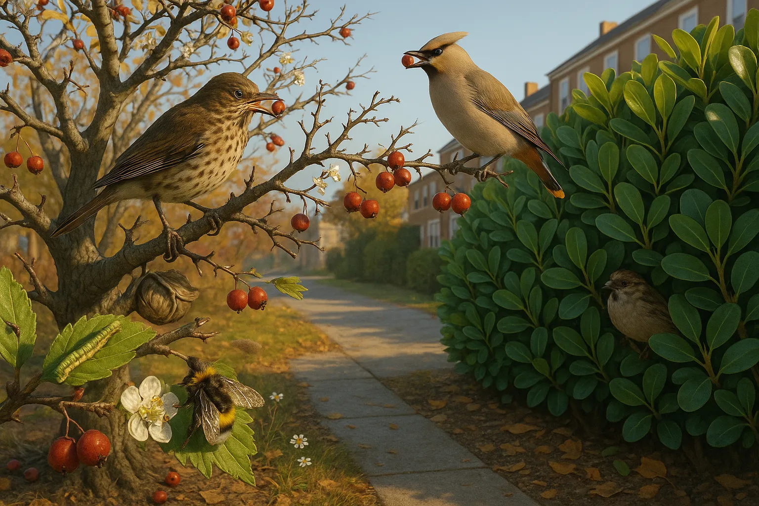 Native hawthorn with birds and insects beside a dense Griselinia hedge in autumn.