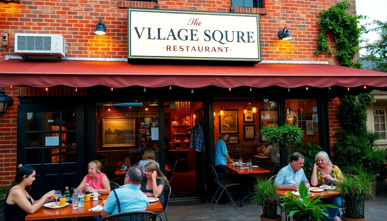 The exterior of Village Square Restaurant with diners enjoying meals outside.