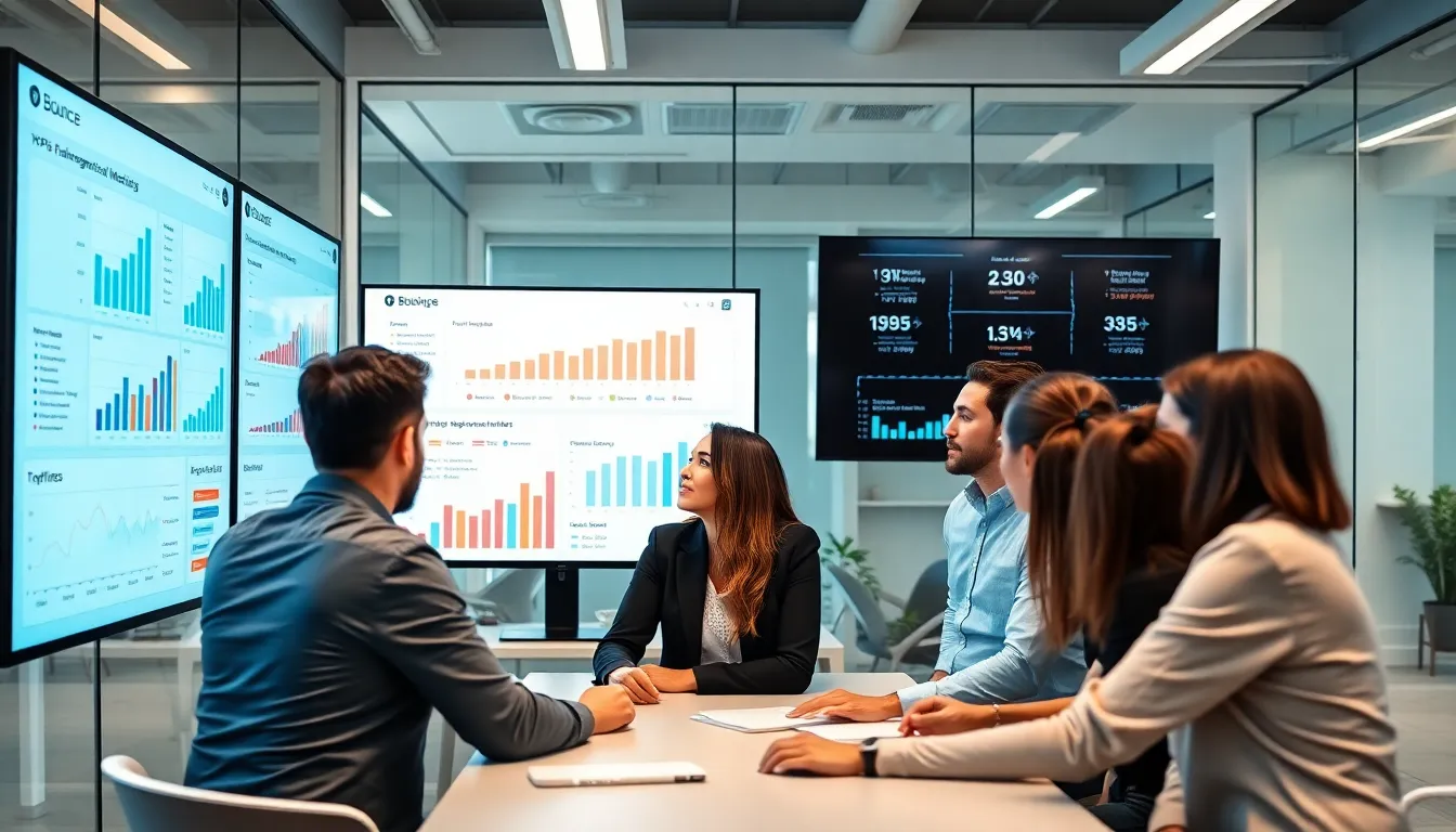 team analyzing social media metrics in a modern office.