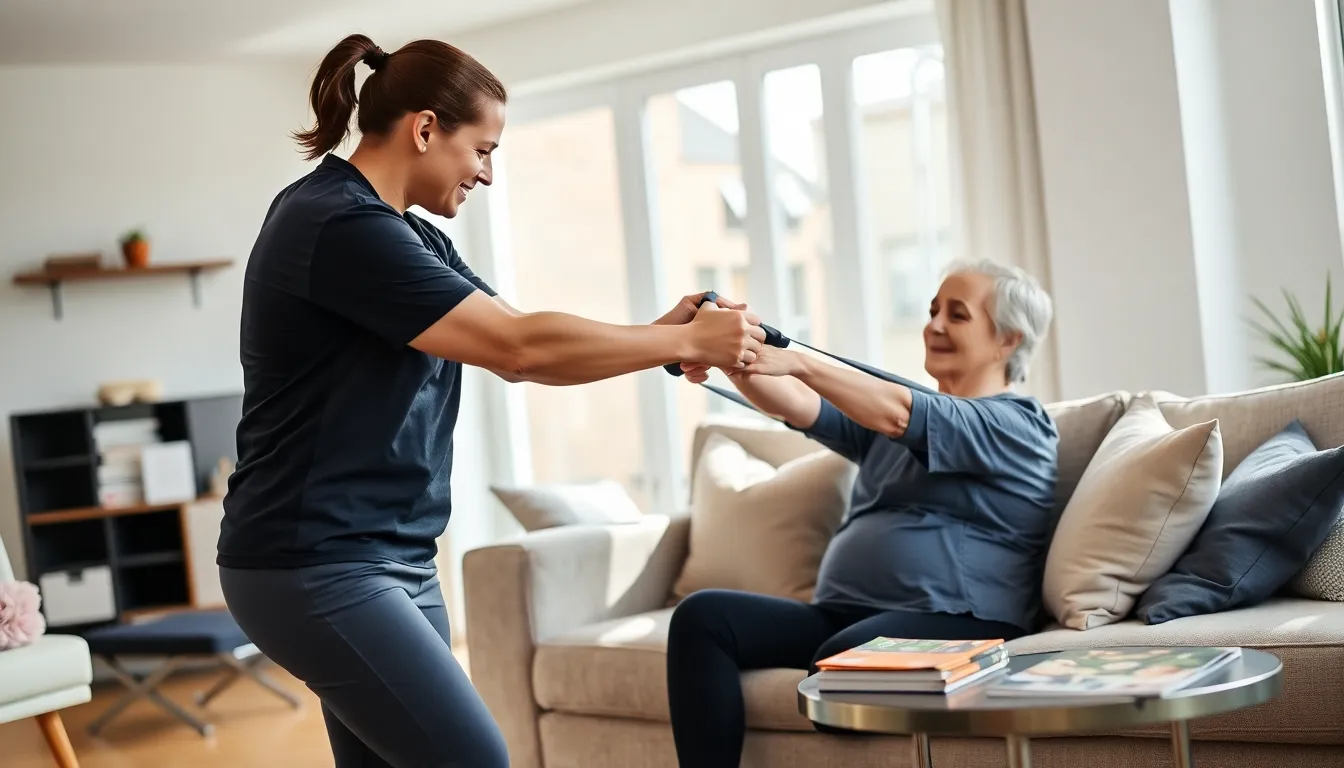 Physical therapist assisting a patient with exercises in a cozy living room.